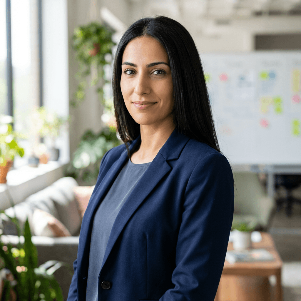 Alessandra Corrales, founder of Almira Capital Group, in a modern bright office