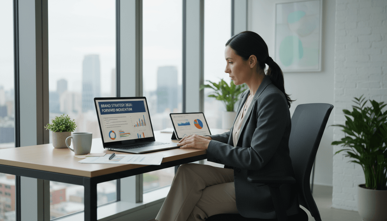 Professional strategist reviewing brand documents in a bright modern office