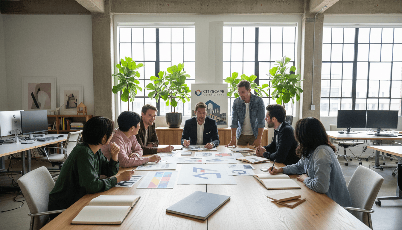 Professional reviewing brand materials in a bright office