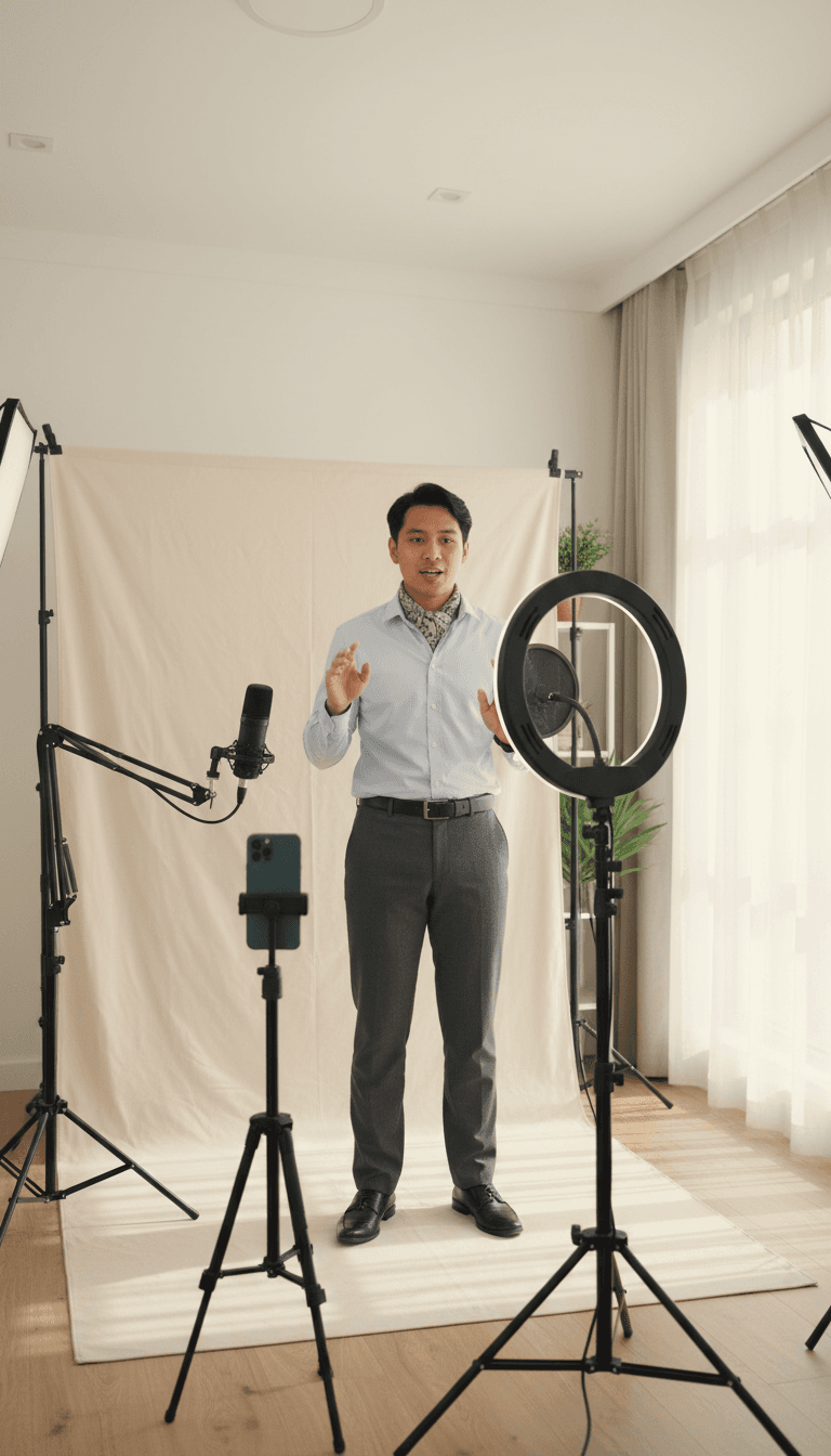 Entrepreneur recording video content in a home studio setup
