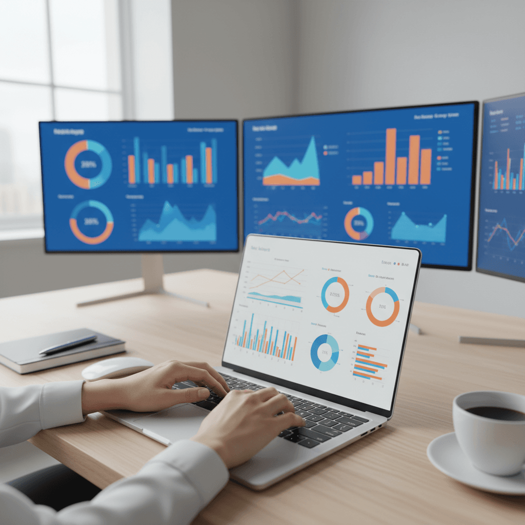 Professional reviewing digital marketing analytics on a laptop in a modern office