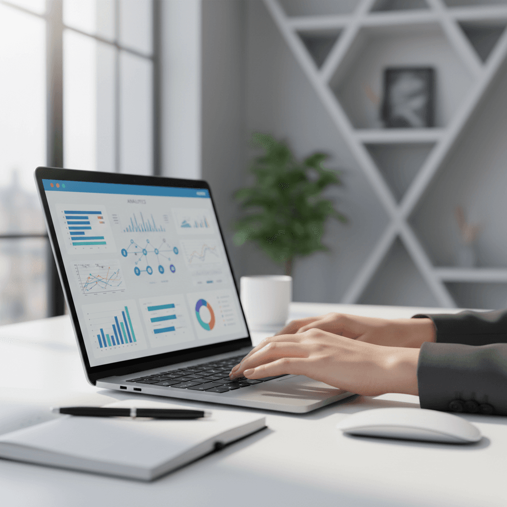 Professional woman working on digital marketing strategy in a bright modern office