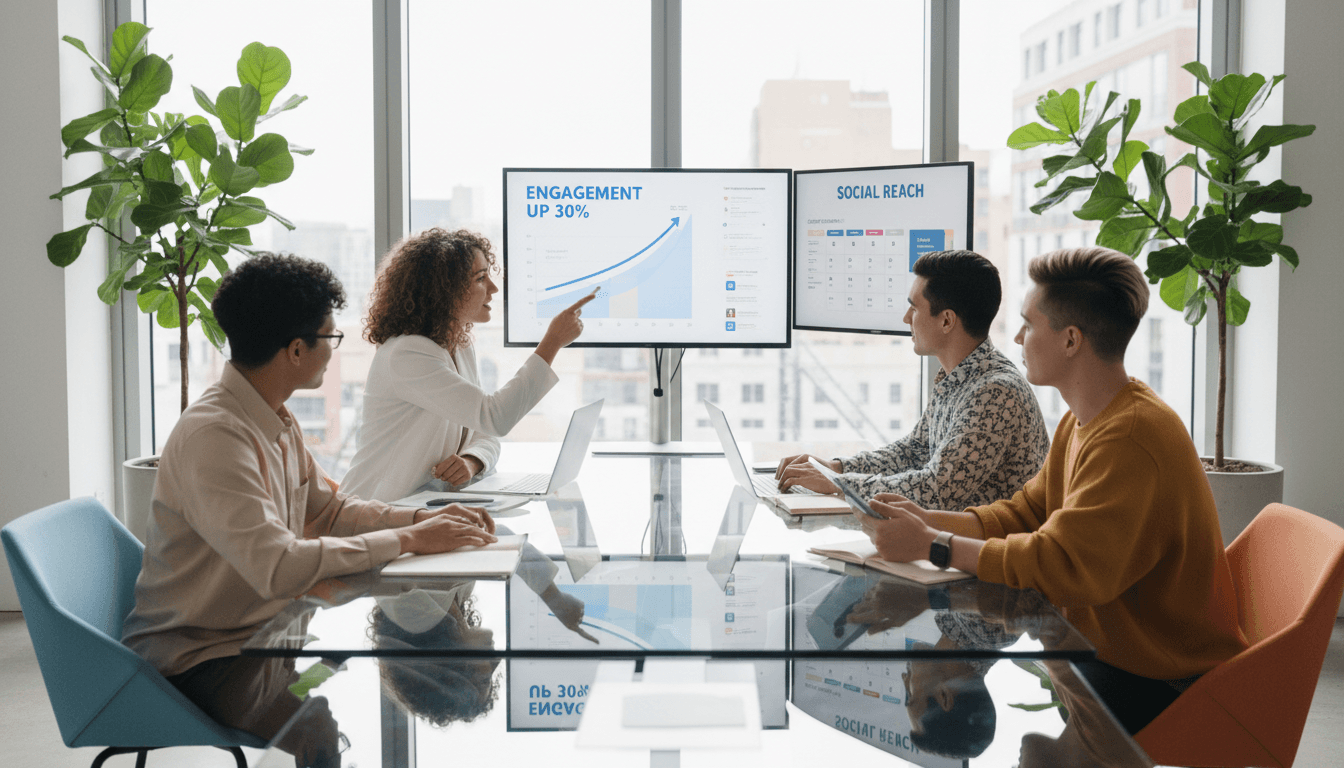 Marketing team reviewing analytics together around a laptop