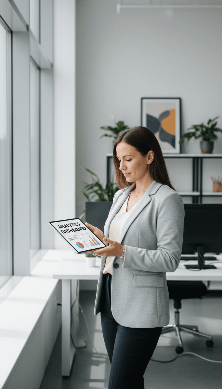 Professional strategist reviewing digital marketing plans on a laptop in a bright office