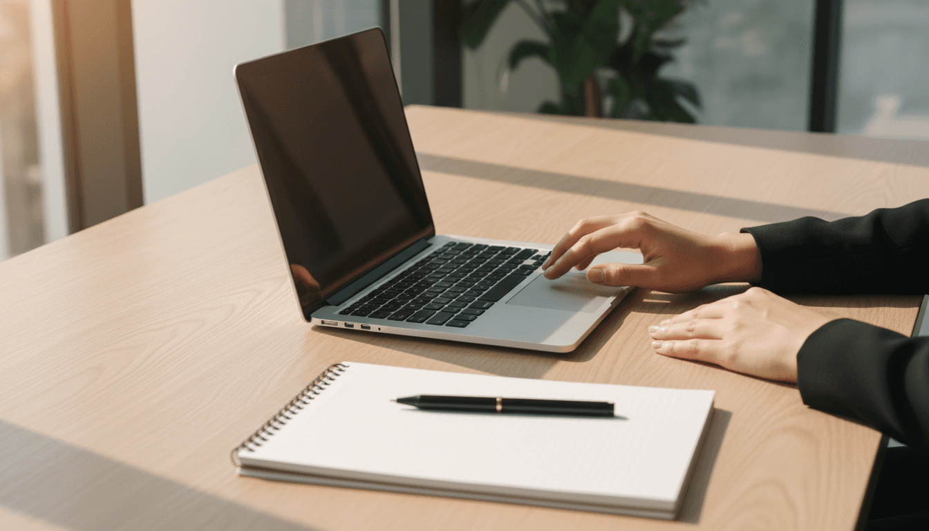 Modern office workspace with a laptop and notebook in warm natural light