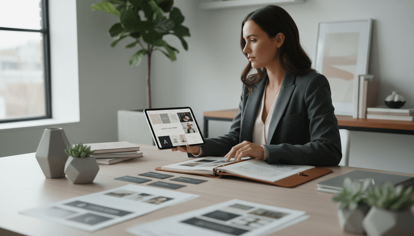 Professional woman reviewing brand strategy documents at a bright desk